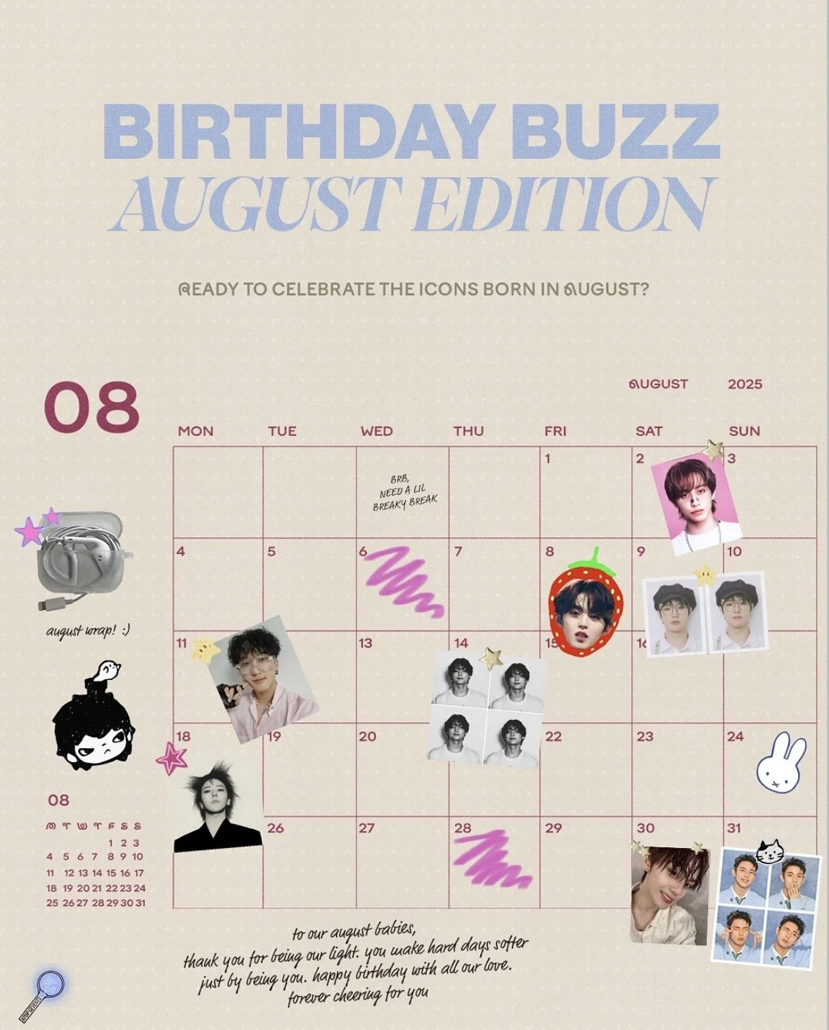 Kalender für August 2025 mit Fotos von jungen Menschen, Sticker, und handgeschriebenen Notizen.