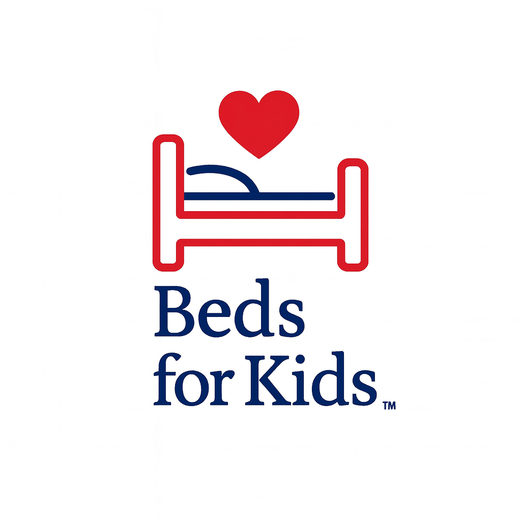 Logo for Beds for Kids featuring a red bed with a blue outline, a red heart above it, and the text "Beds for Kids" below in blue.