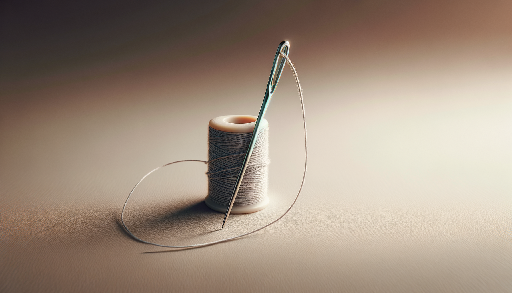 Sewing needle with thread inserted, resting in a spool of white thread on a neutral surface