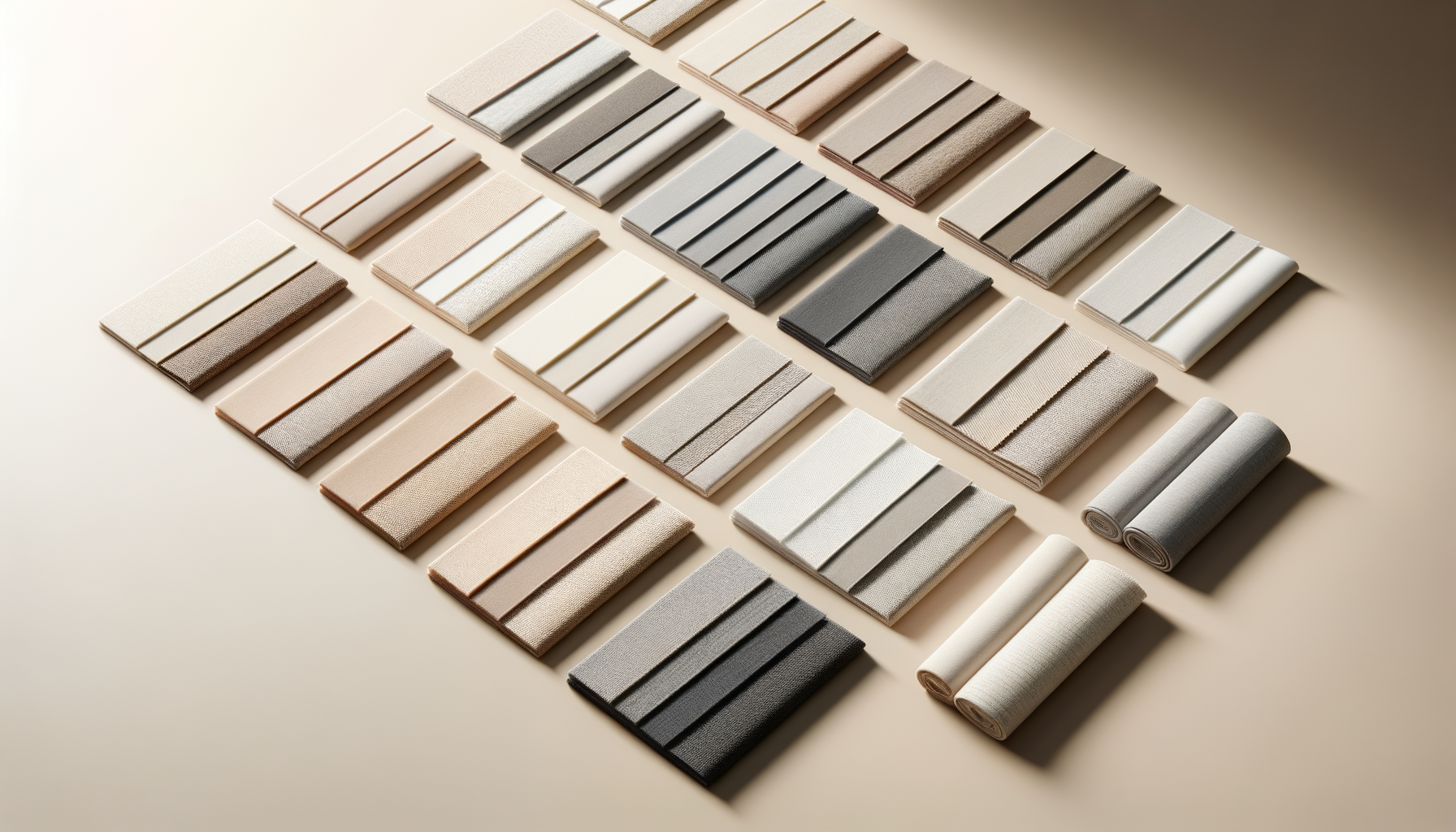 Sample swatches of fabric in various neutral colors arranged on a flat surface, with some rolled up in the corner.