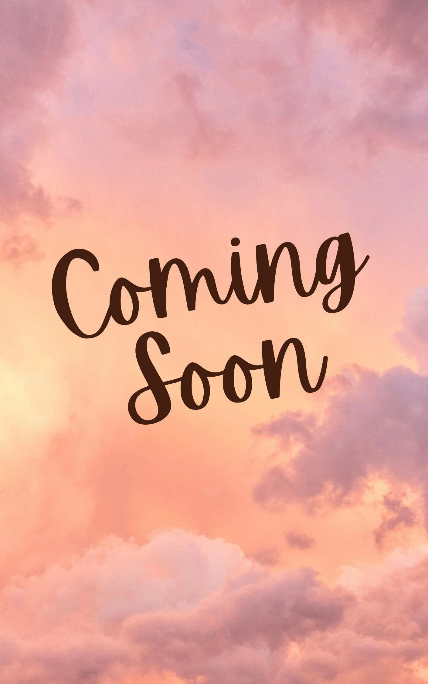 A pastel-colored sky with pink and purple clouds and the words "Coming Soon" written in black, playful font.