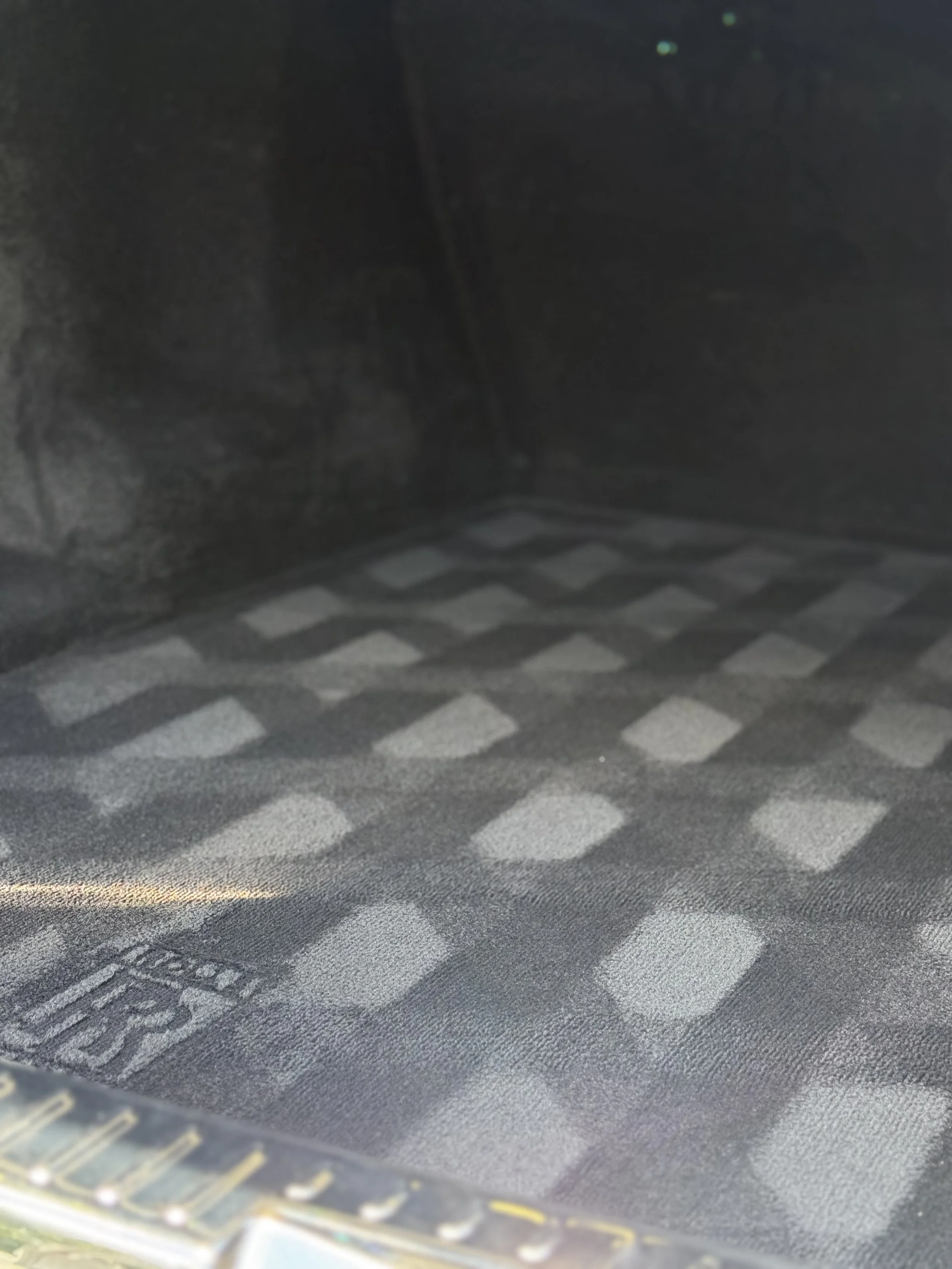 Close-up view of a black and gray checkered car floor mat inside a vehicle.