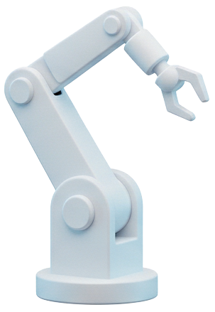 A white robotic arm with a mechanical gripper at the end, mounted on a round base.