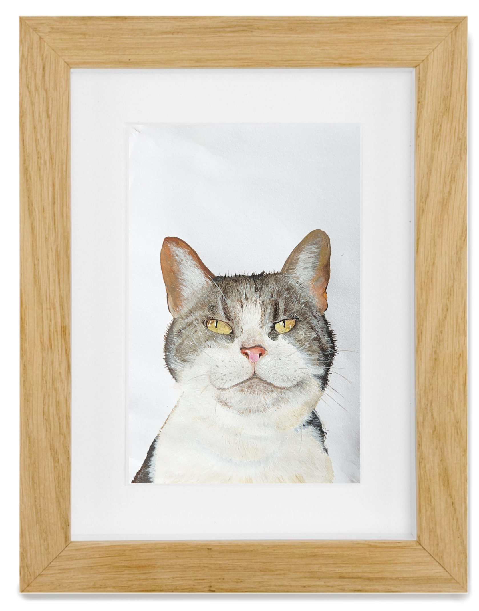 Framed watercolor painting of a gray and white cat with yellow eyes and pink nose.
