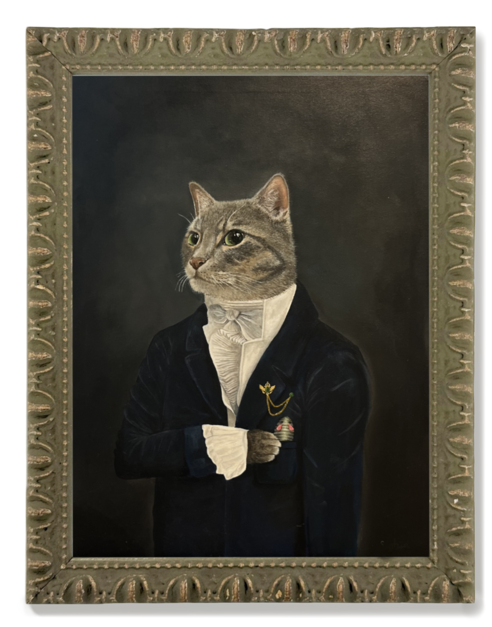 A portrait of a cat with a human body dressed in 18th-century formal attire, framed in an ornate gold frame.