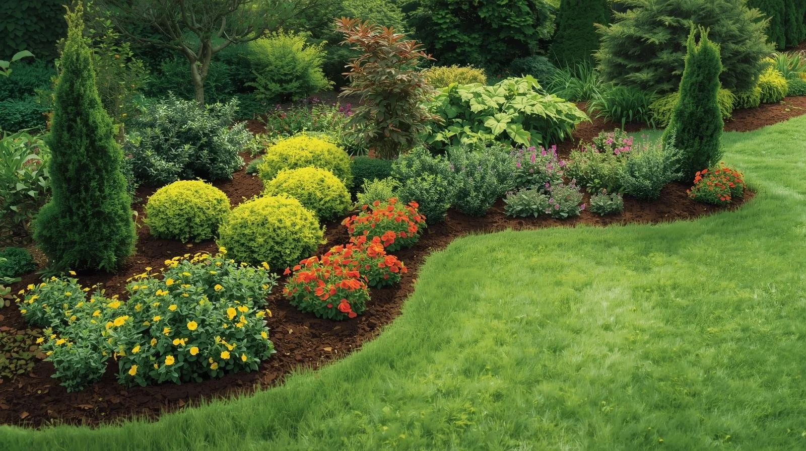 Un jardin avec diverses fleurs colorées et buissons verts entourés d'arbres et d'arbustes.