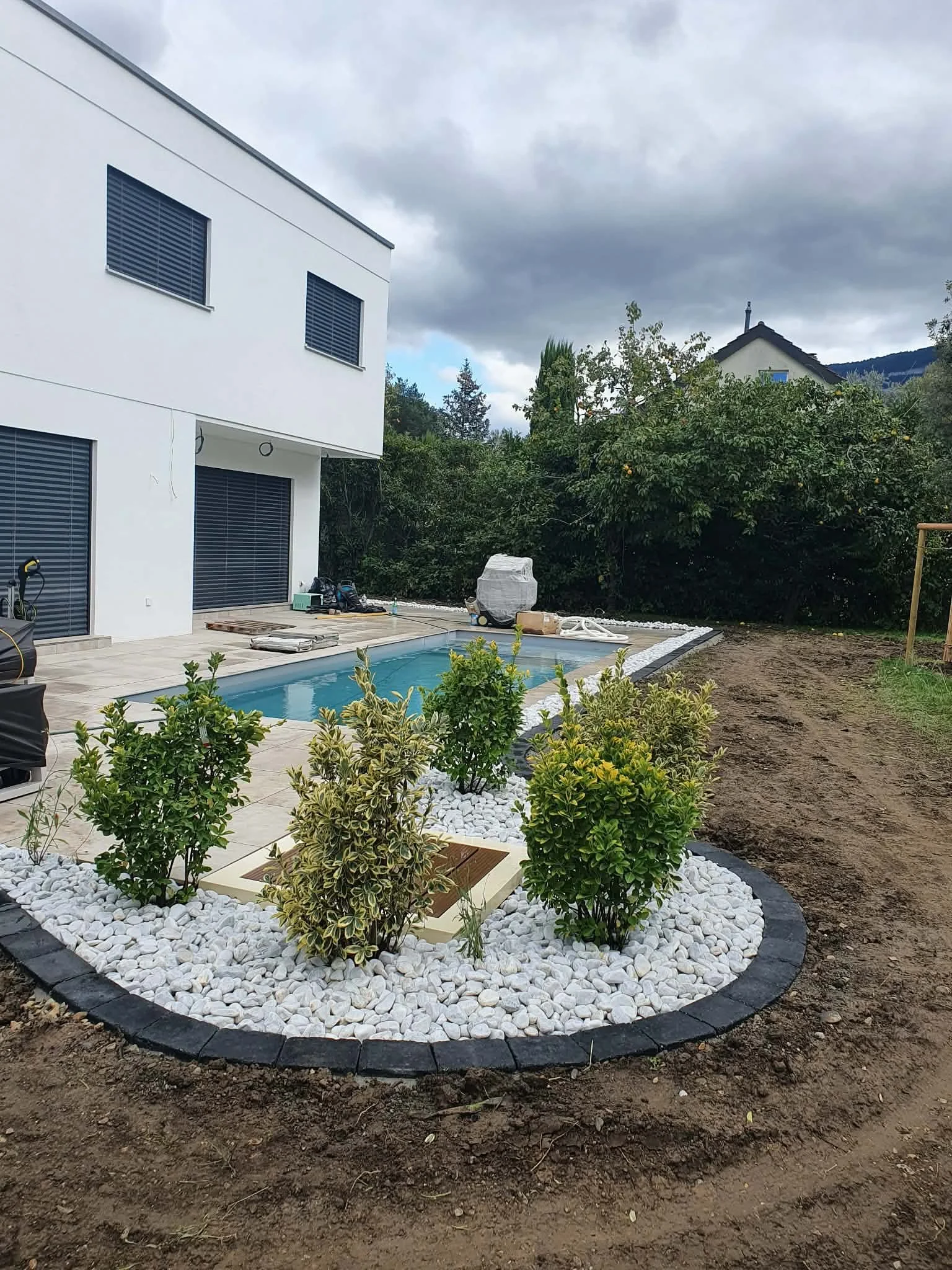 Construction d'une piscine + Massif arbusier