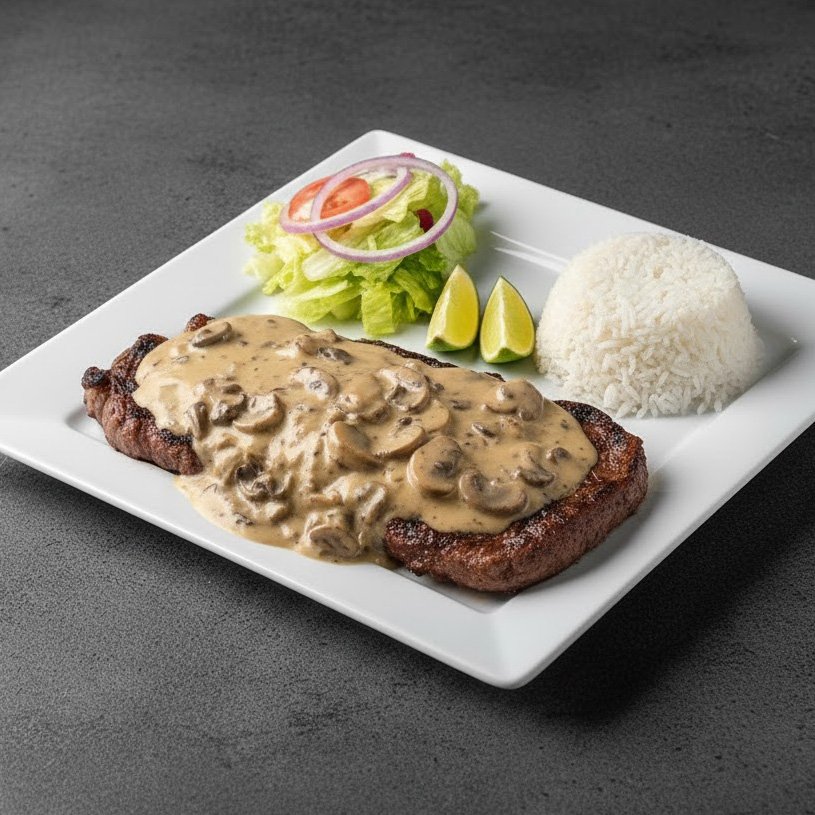 Churrasco en salsa champiñones