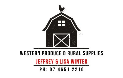 Logo for Jeffrey and Lisa Winter, Western Produce & Rural Supplies, featuring a barn with a rooster on top and contact phone number.