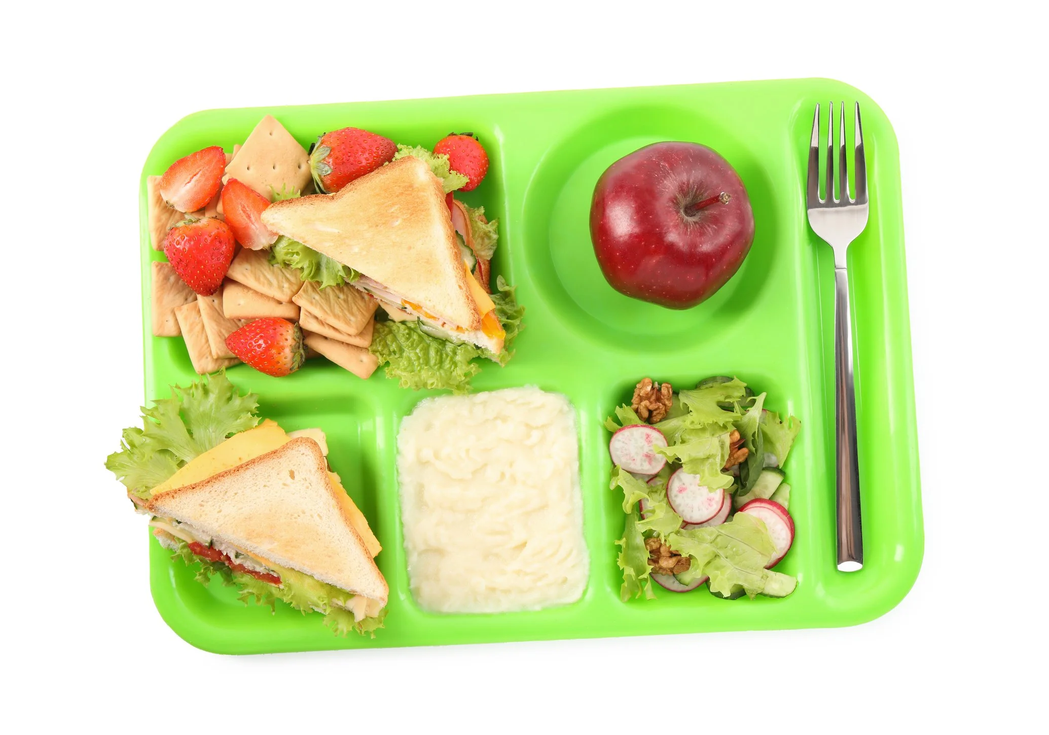 Green lunch tray with a fruit salad, a sandwich, mashed potatoes, a salad, a red apple, and a fork.