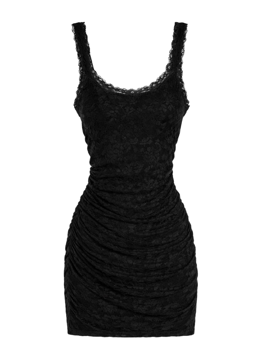 moda international ruched black lace mini dress
