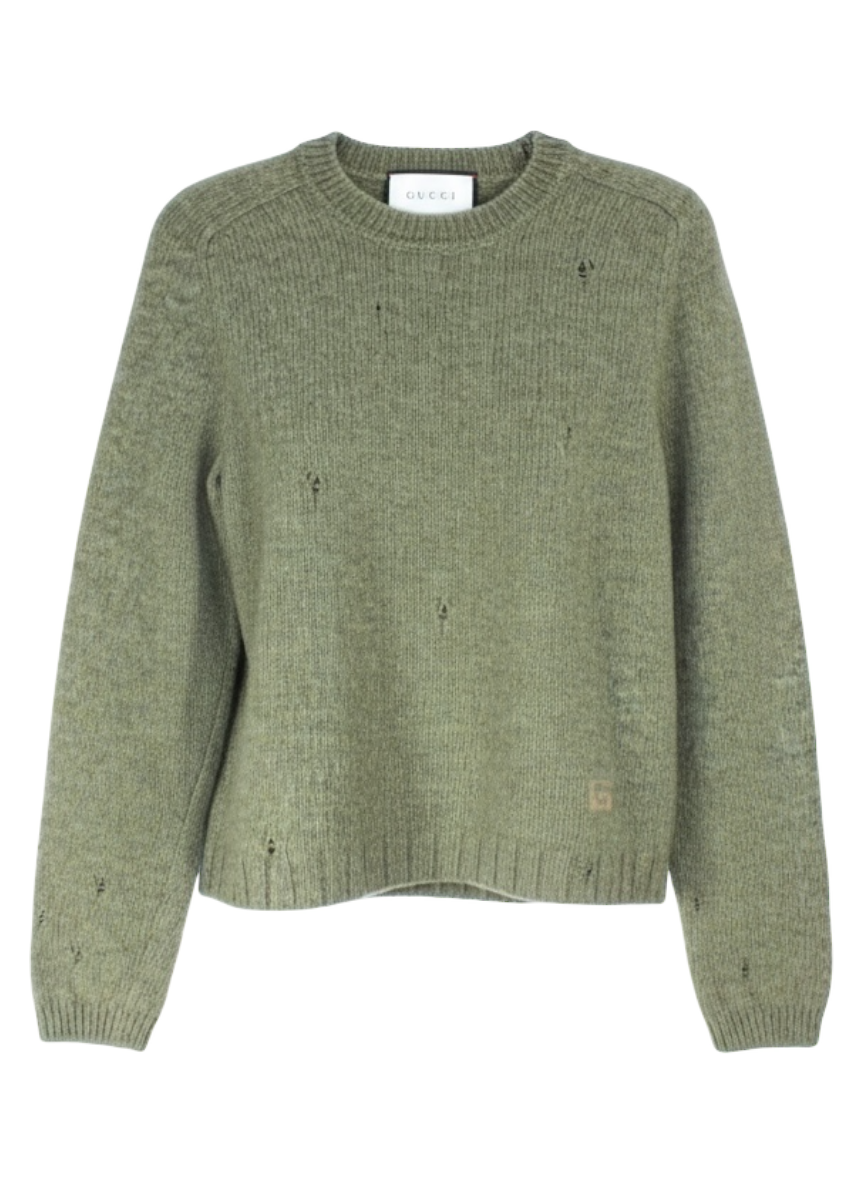 Gucci Olive Green Distressed Wool Sweater