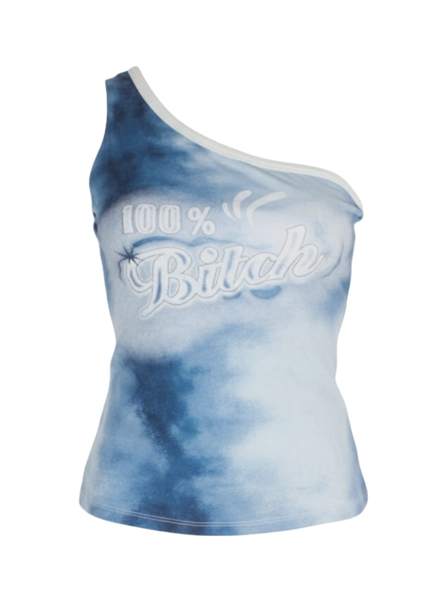 american deadstock '100% B*tch' blue asymmetric tank