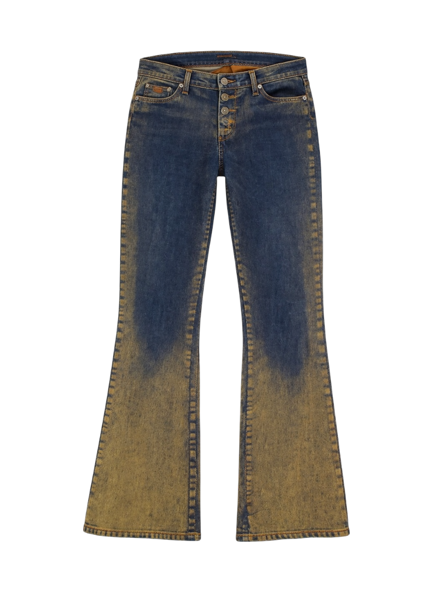 let me b low-rise darkwash blue jeans with brown velvet fadeout