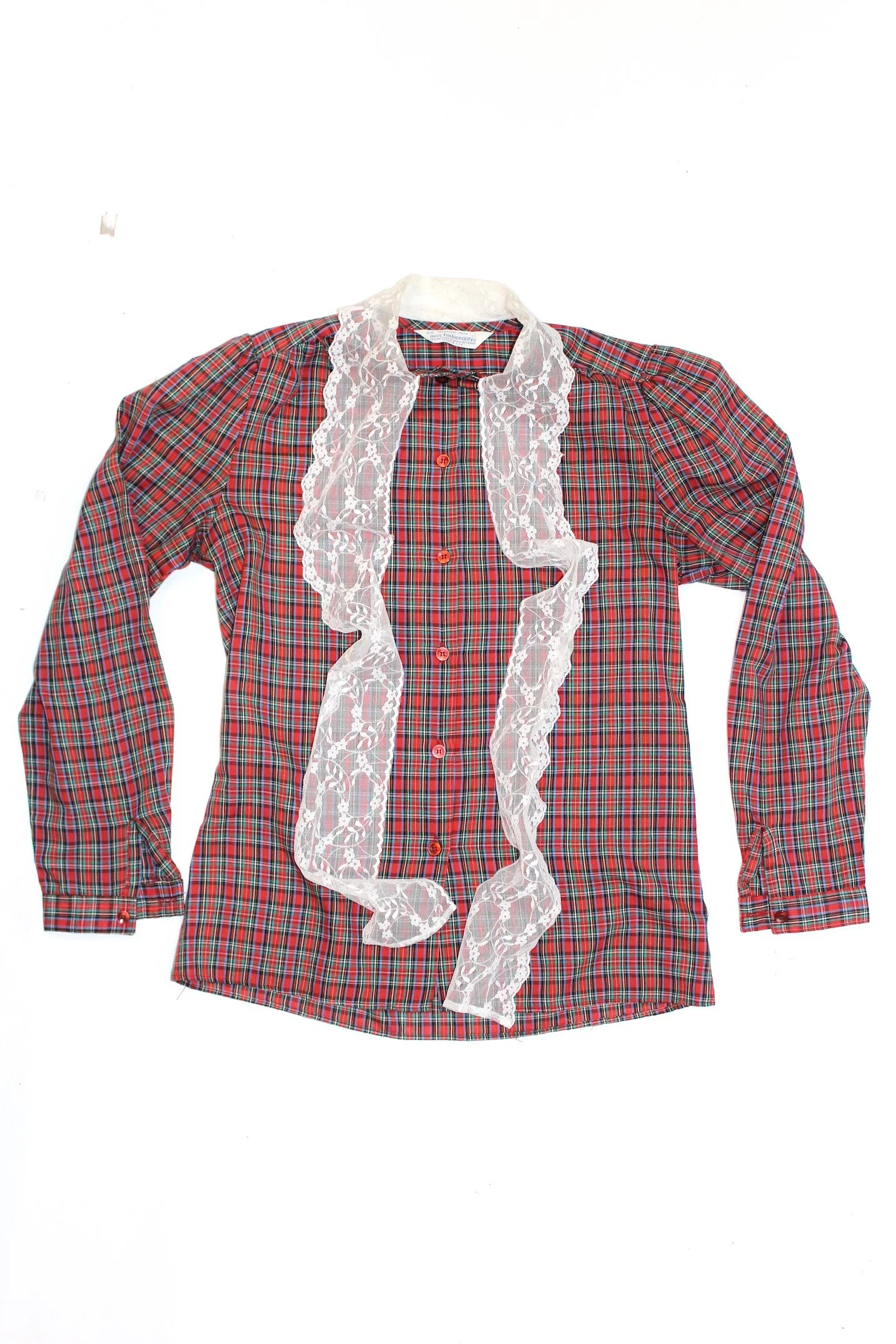 miss fashionality vintage red plaid blouse with lace tie
