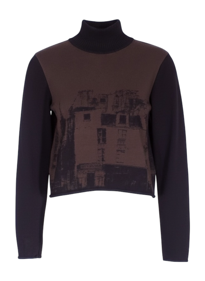 sarah pacini brown cropped mockneck with graphic print