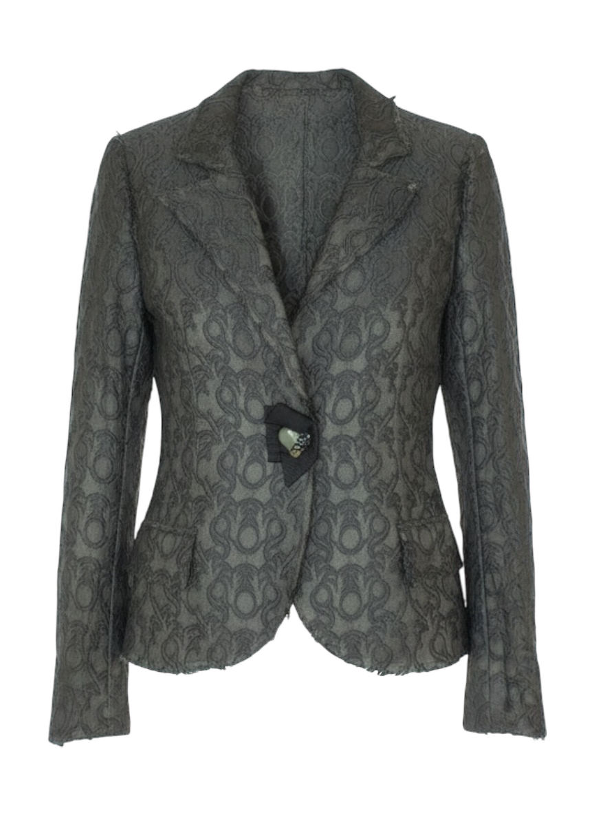lanvin grey brocade blazer with rhinestone button closure