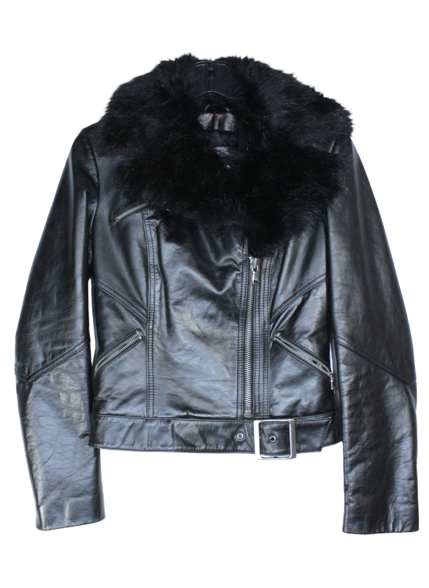 Express leather moto jacket with faux fur collar