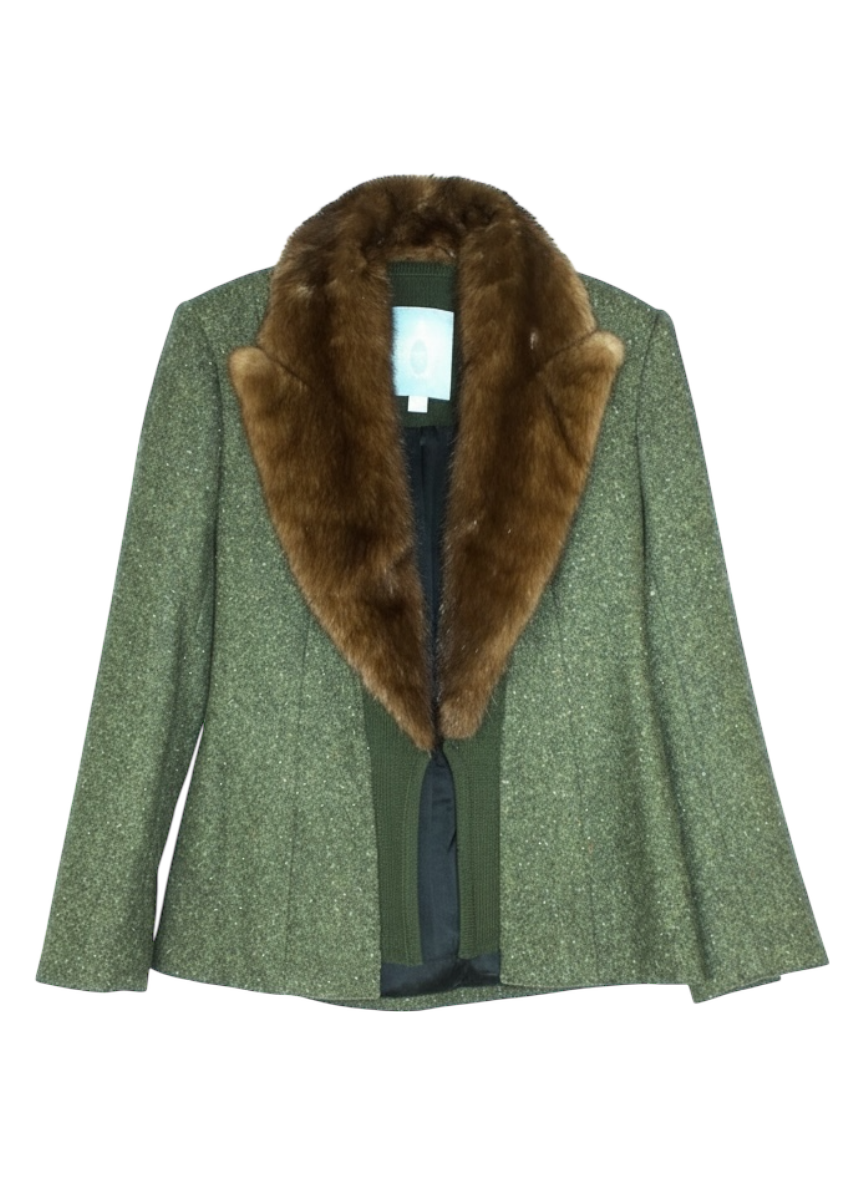 zang toi green cashmere blazer with brown fur collar