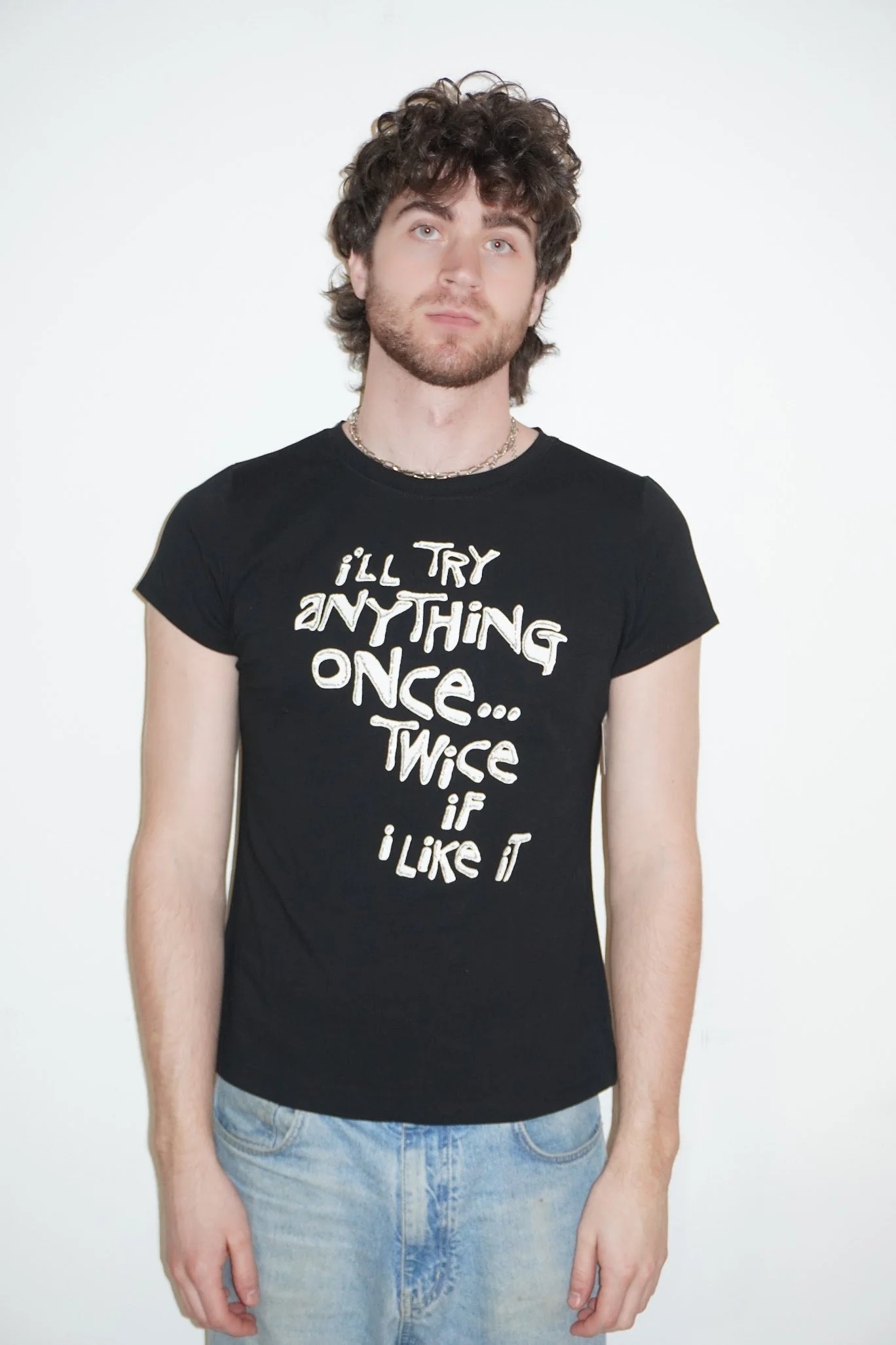 'i'll try anything once' black novelty glitter text tee