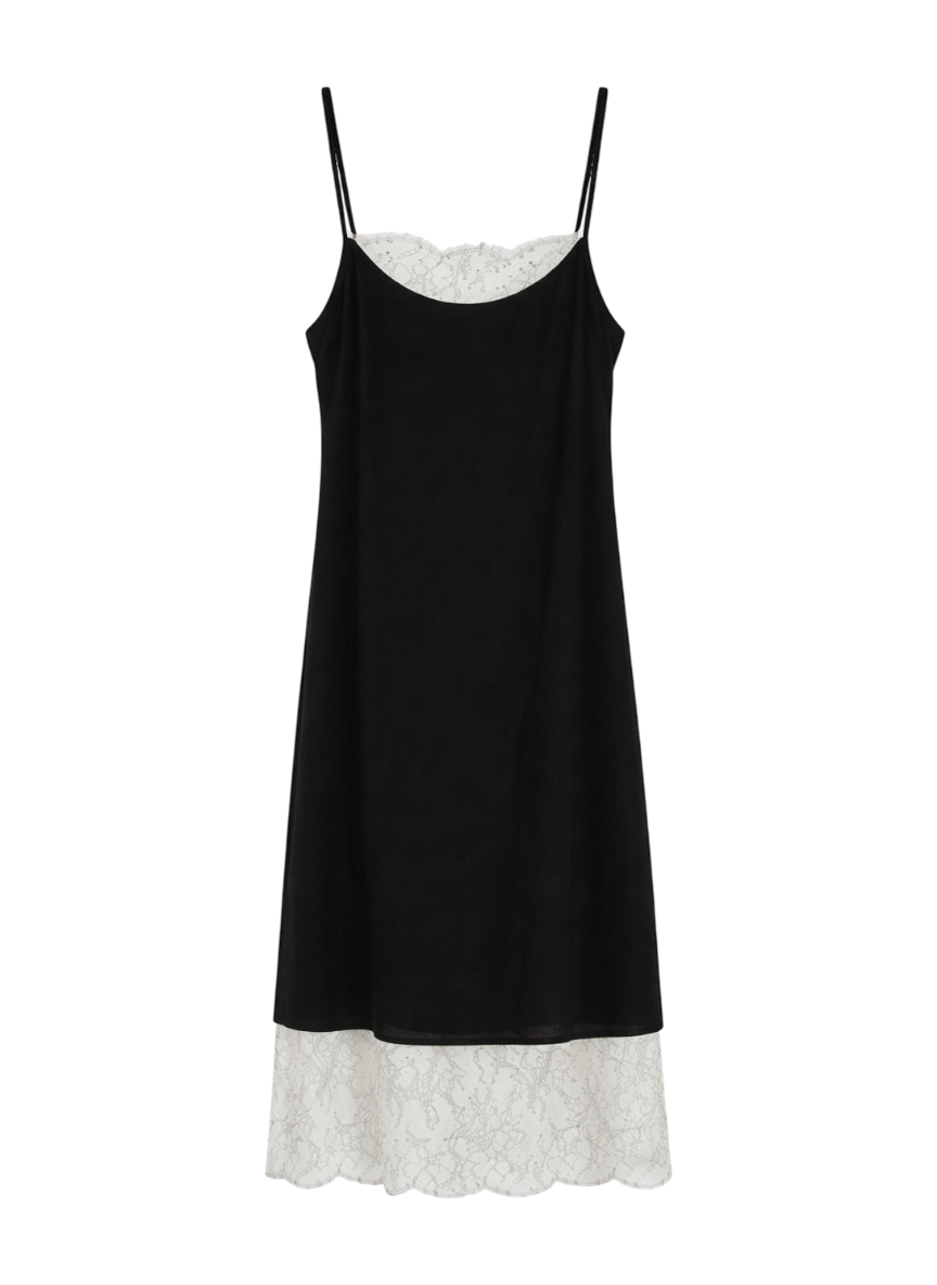 stelen black slip dress with white lace trim