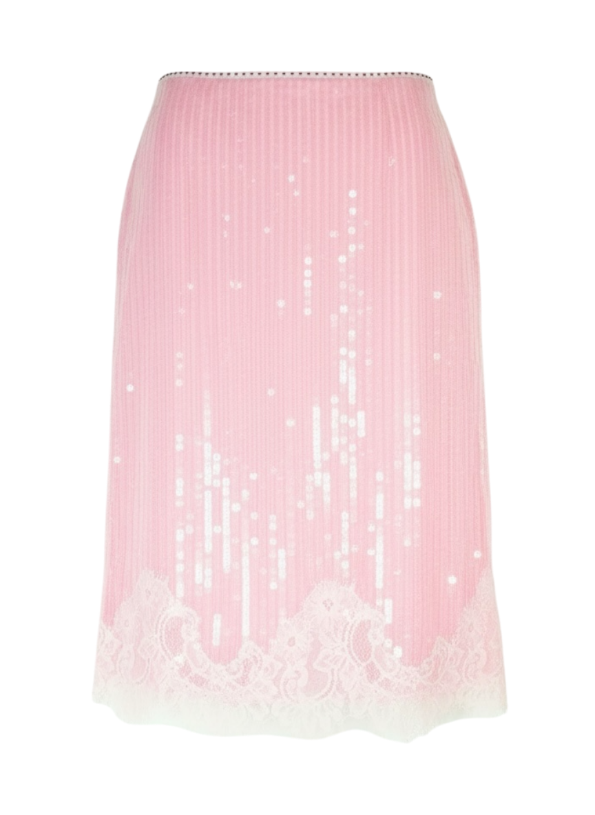 White Fox sequin pink midi skirt