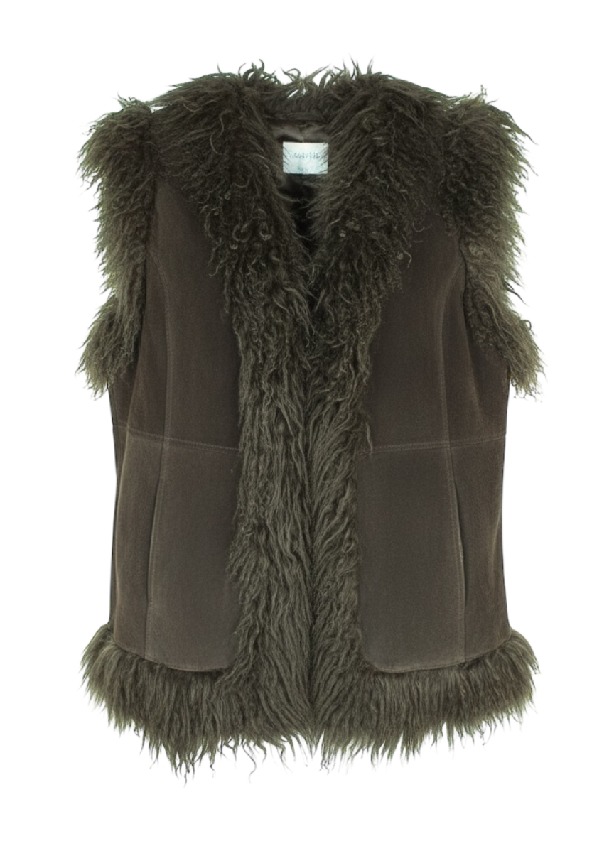 Oasis Vintage Y2K brown suede vest with Mongolian lamb fur trim