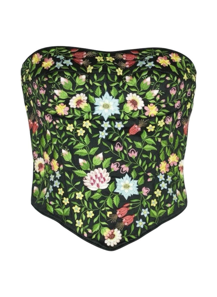 vintage eavis & brown black silk floral corset