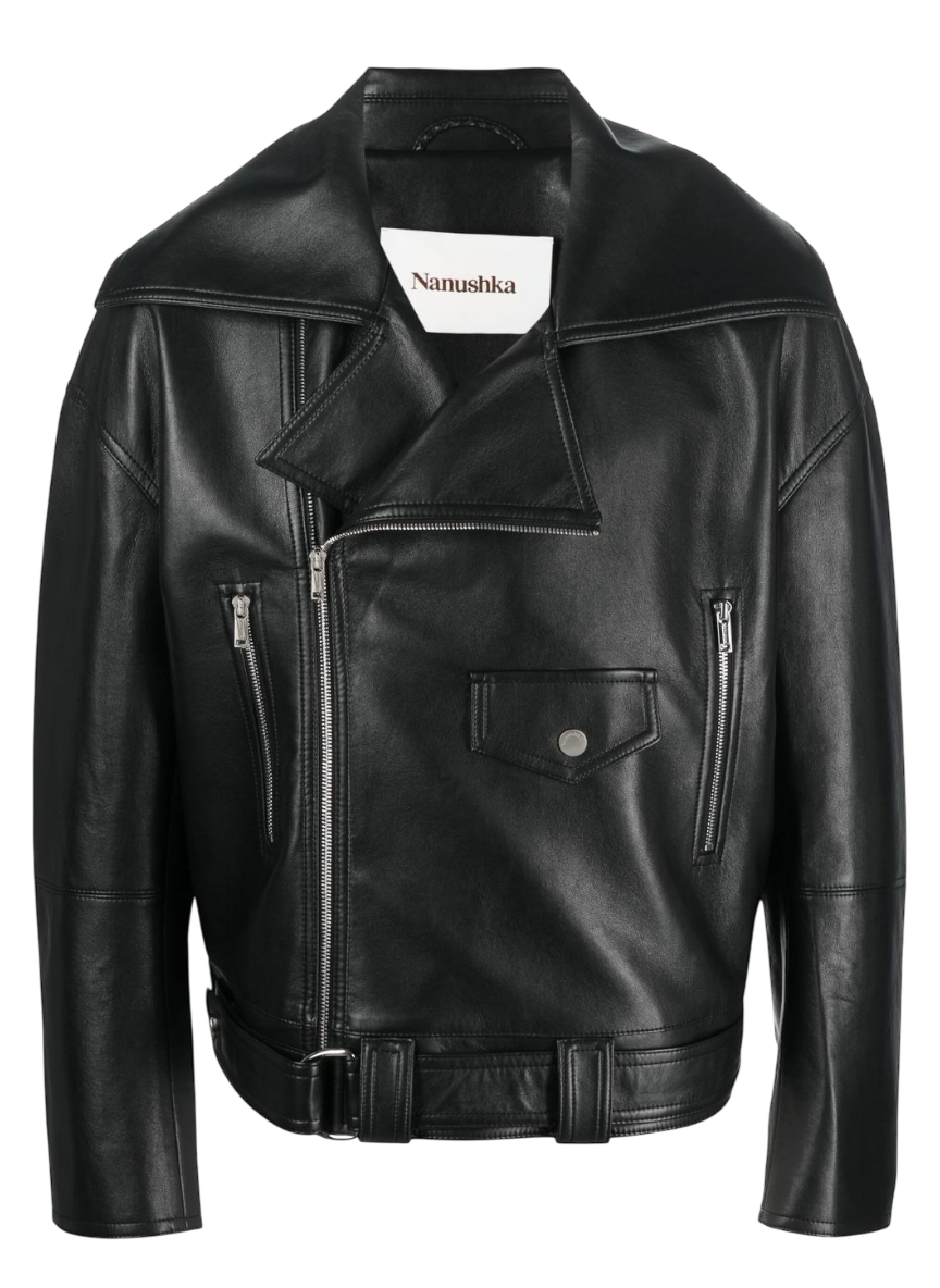 Nanushka black pleather oversized moto jacket