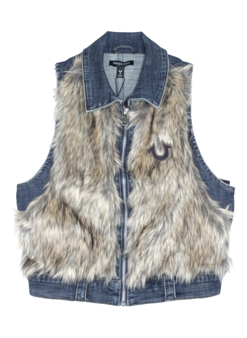 True Religion Faux Fur and Denim Zip Up Vest.PNG