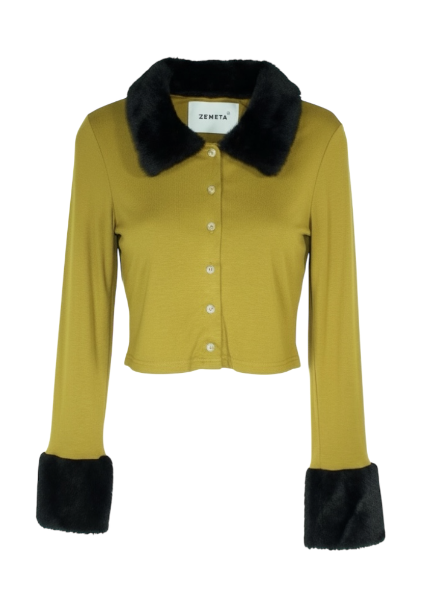Zemeta Olive Button-Up Cardigan with Faux Fur Trim