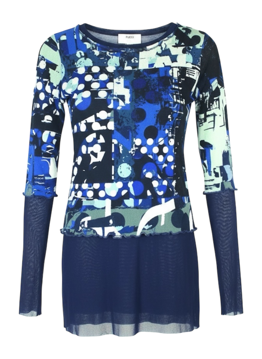 Fuzzi blue bauhaus print layered mesh top