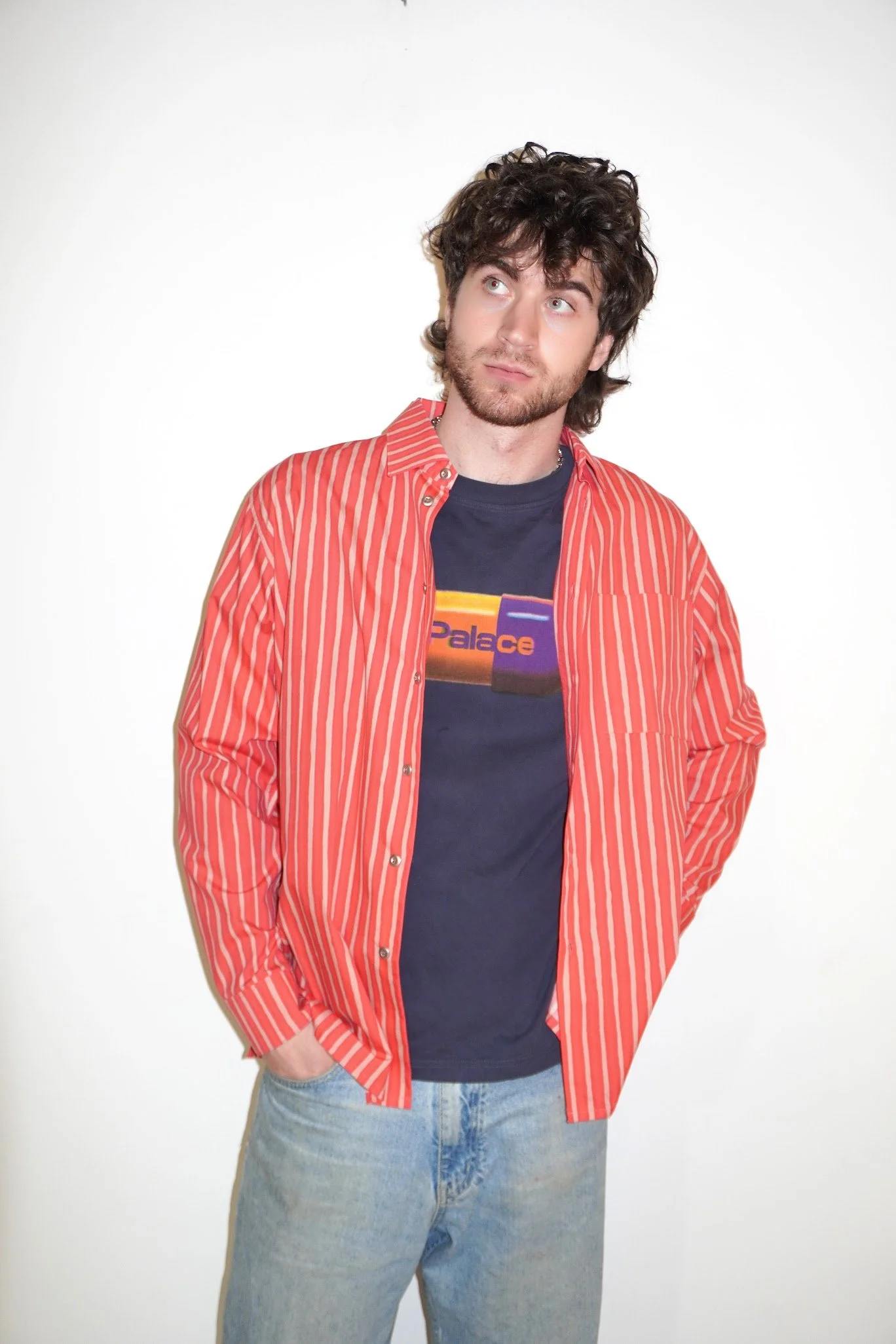 marimekko neon salmon striped button down shirt