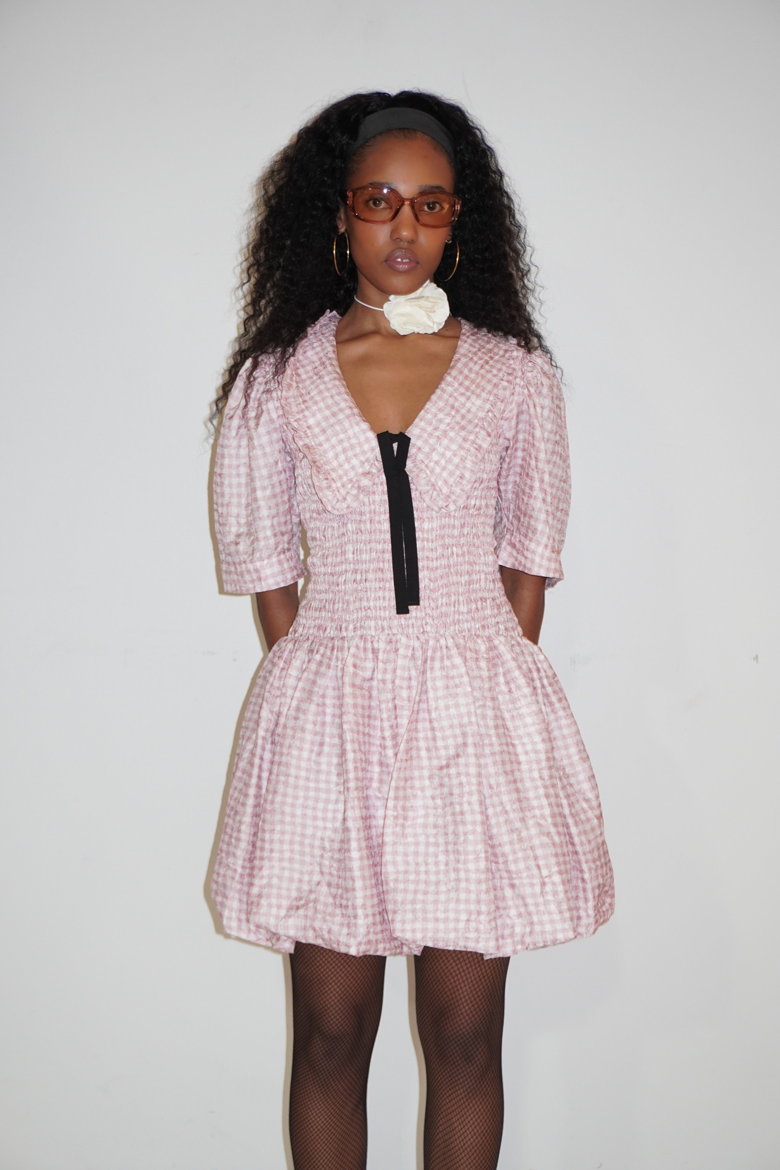 ganni shibori smocked check pink mini dress