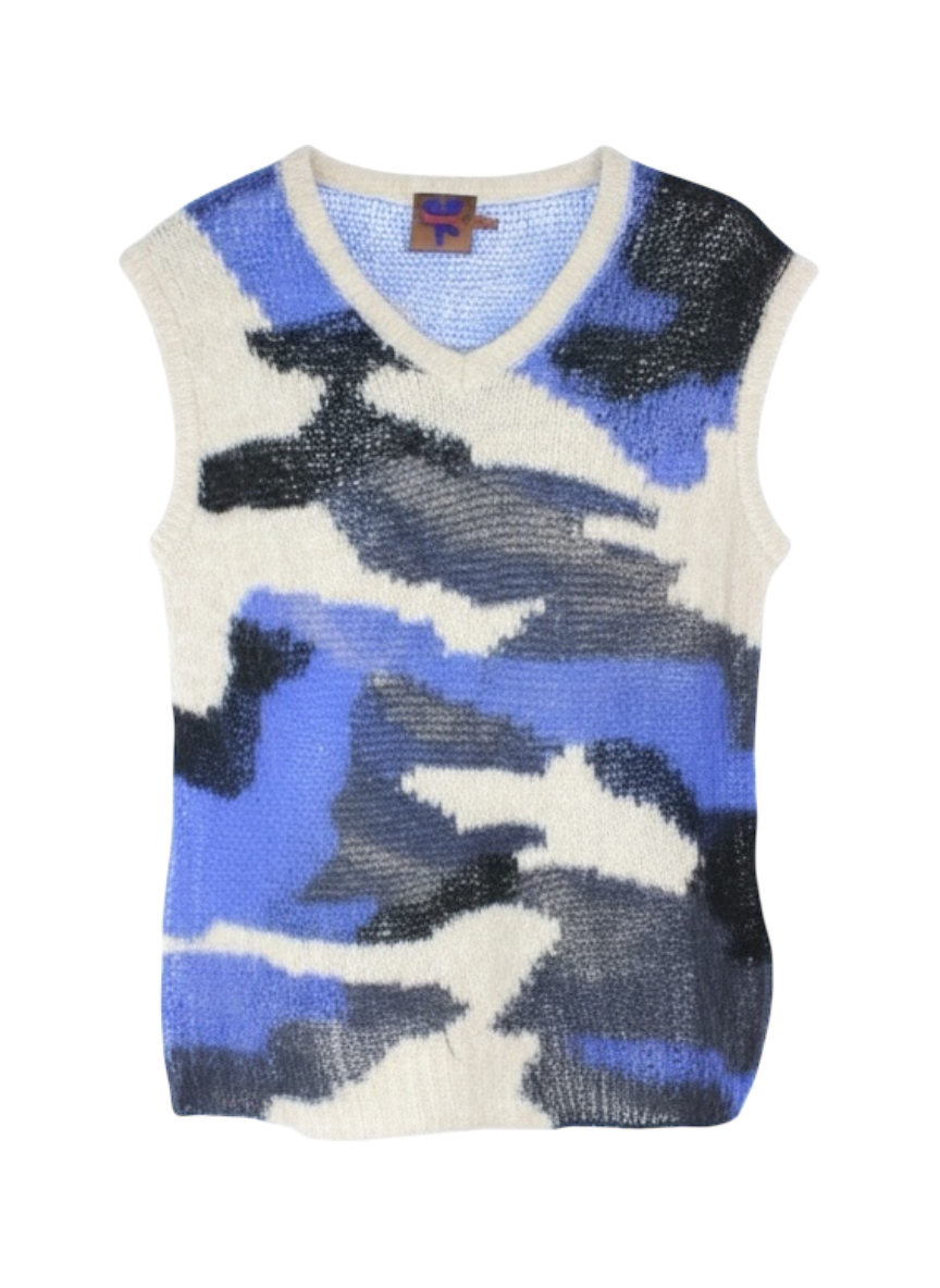 Heaven by Marc Jacobs blue and beige camo open knit vest