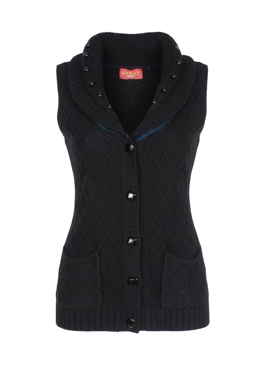 great fashion black knit cardigan vest with blue rabbit fur trim