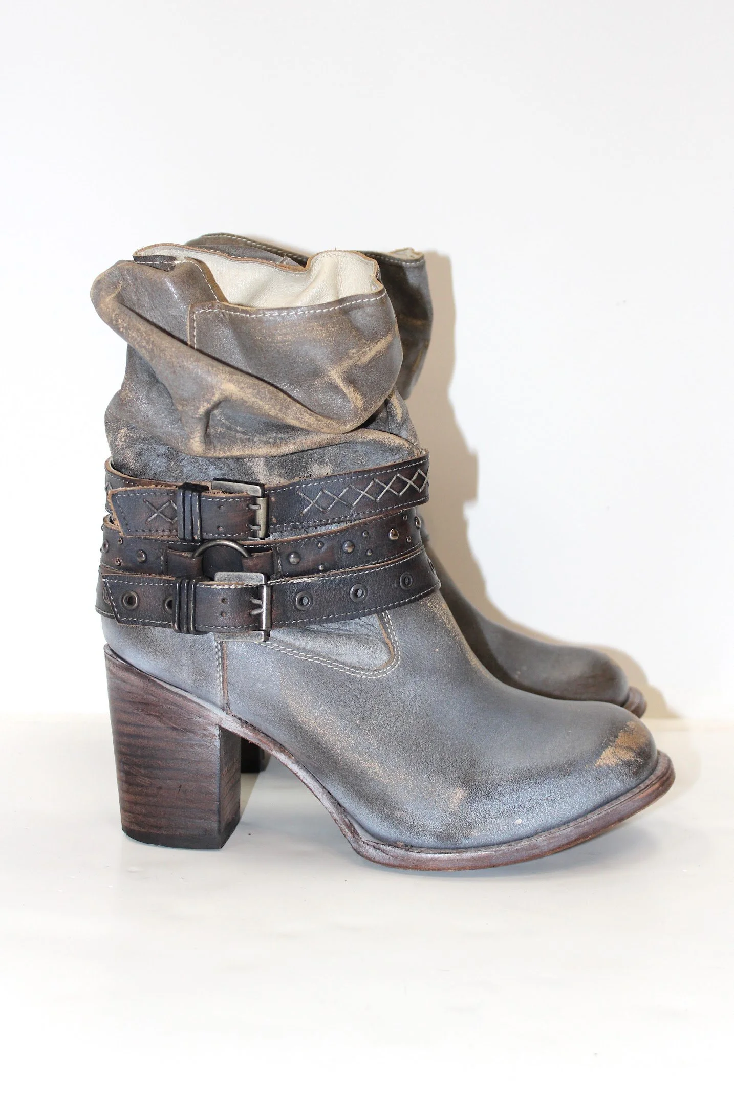 freebird buckle strap distressed heeled ankle boots