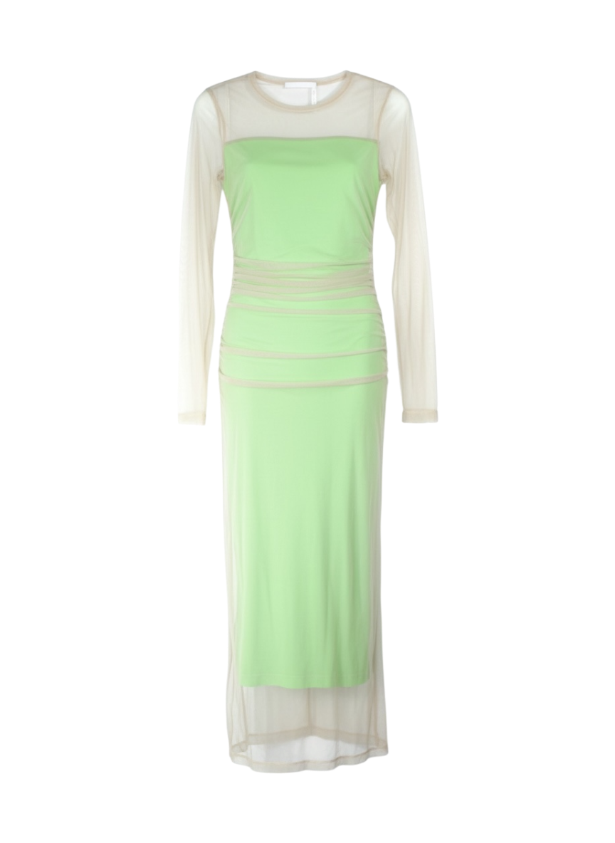Helmut Lang tan and lime green mesh long sleeve maxi dress