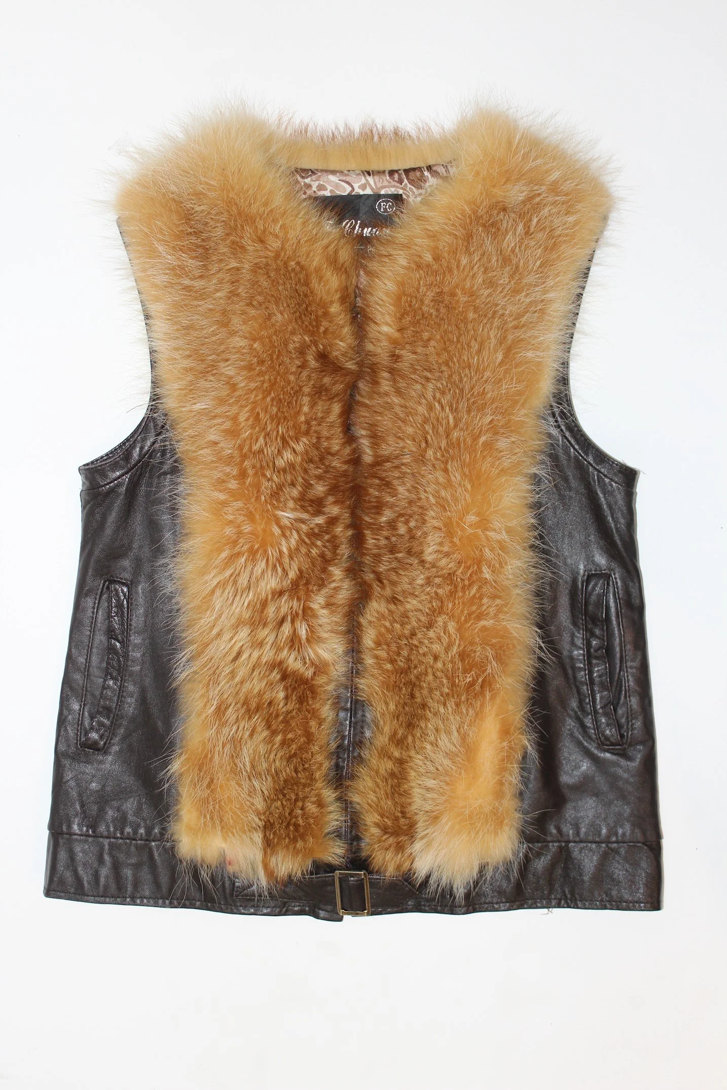 fuchuan brown leather vest with fox fur trim vest