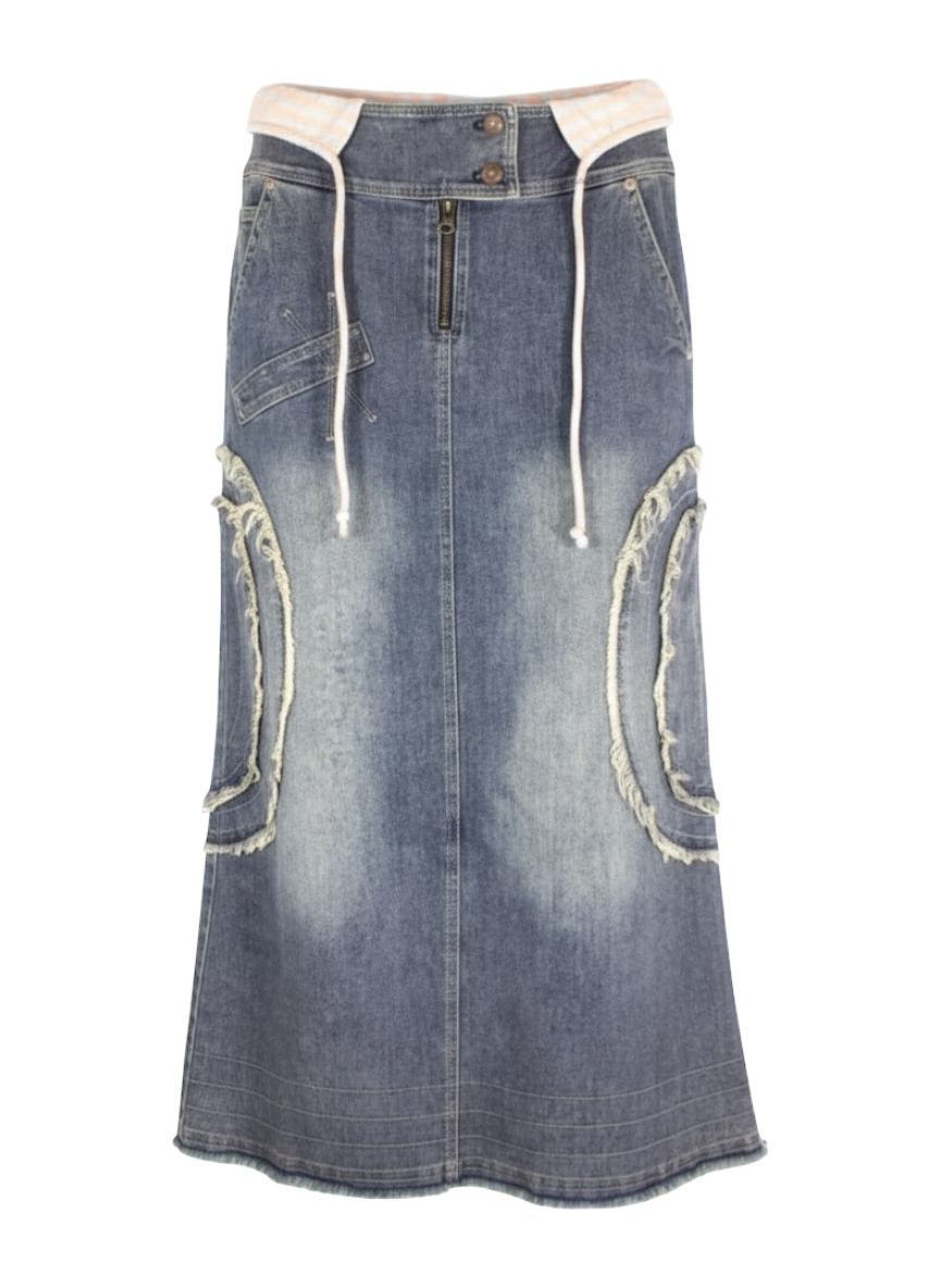 sassy love denim maxi skirt with striped waist tie