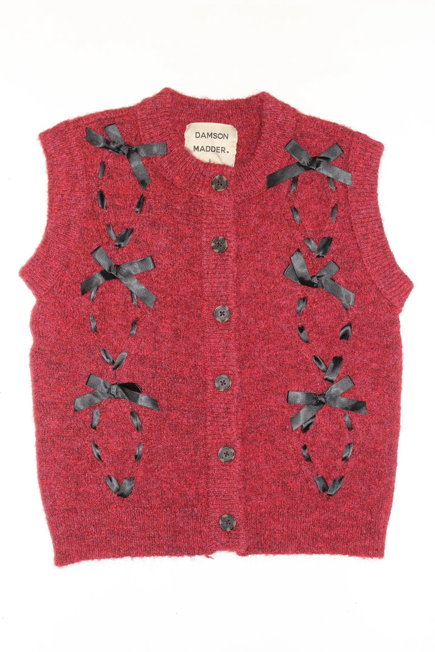 damson madder red wool vest with bows