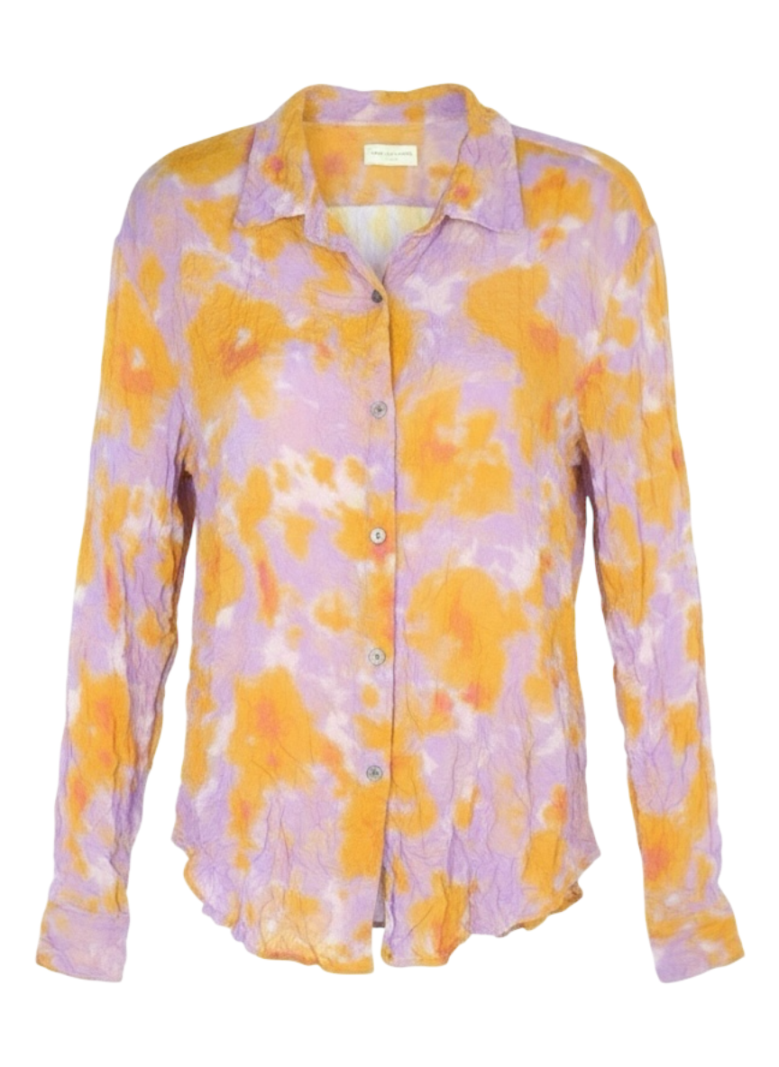 dries van noten crushed georgette button-front purple & yellow shirt