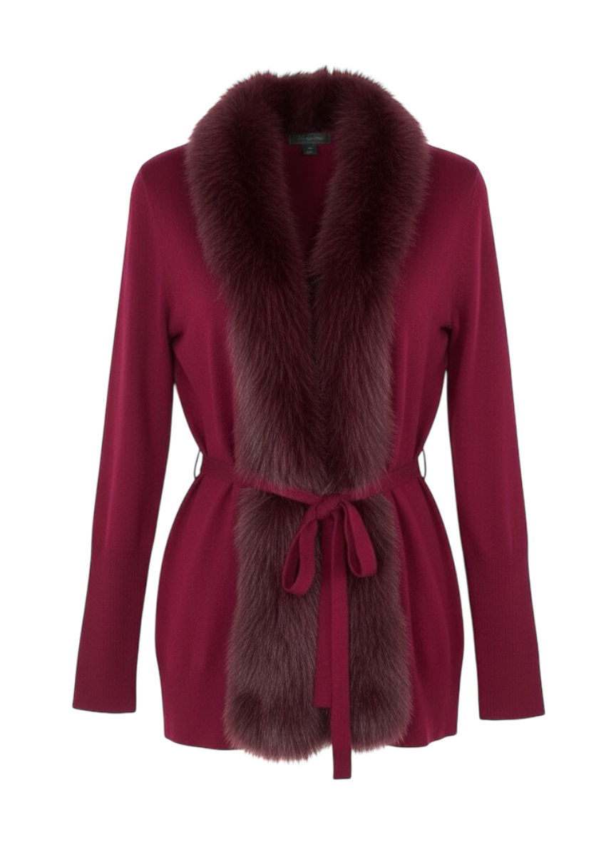 saks fifth ave magenta cashmere cardigan with fox fur collar