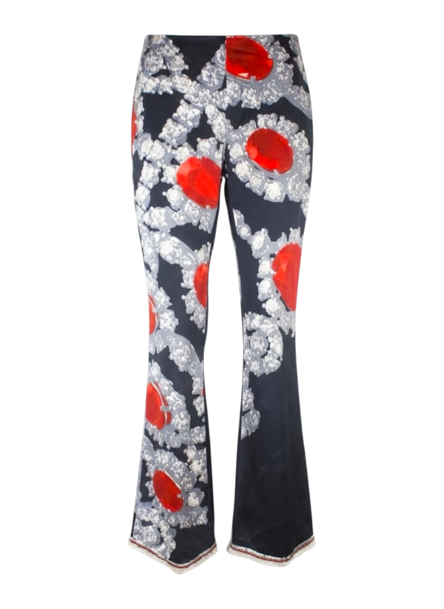 voyage passion jewel print black flares with lace trim