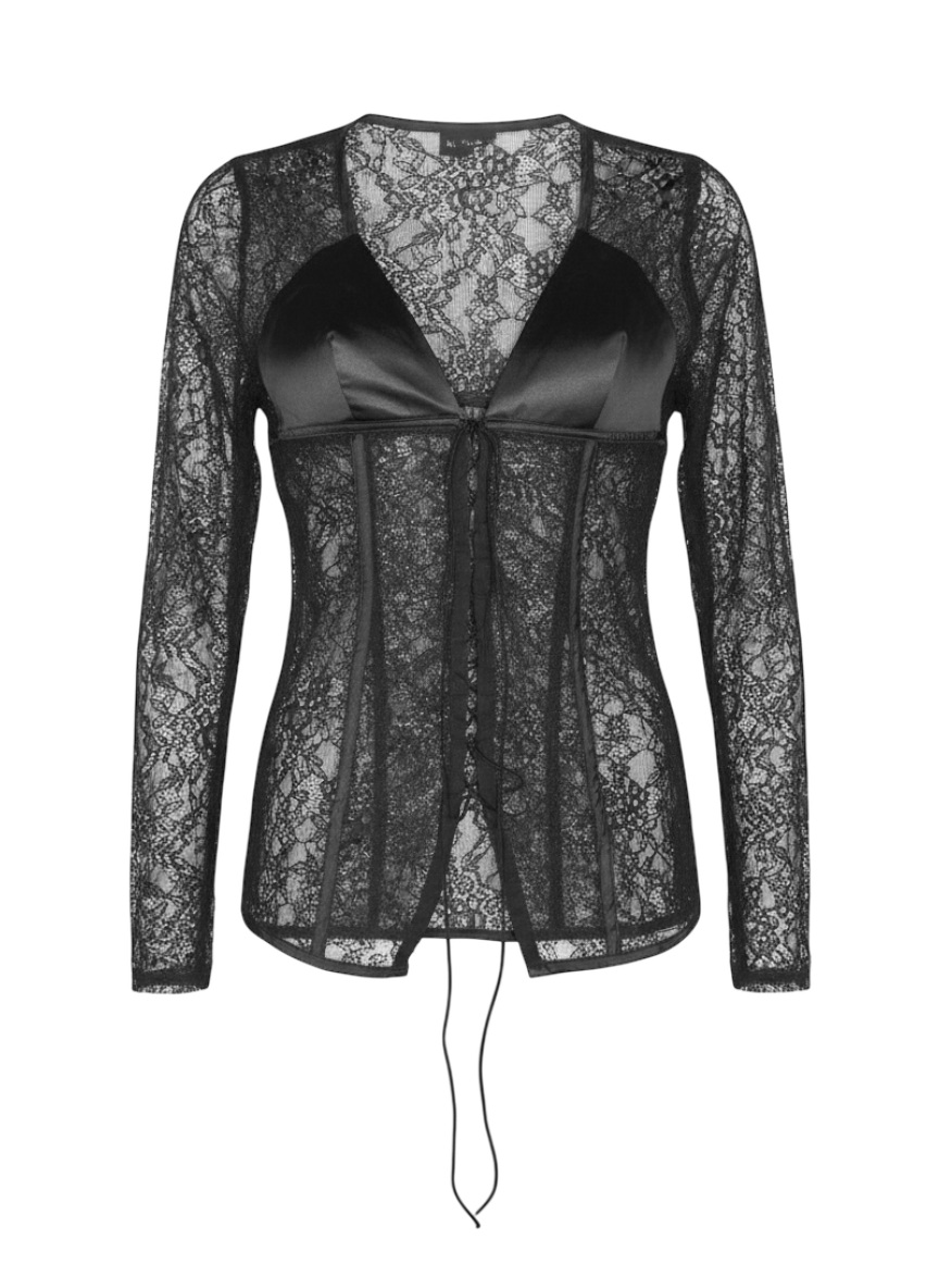 NIIHAI black lace up bustier effect long sleeve blouse