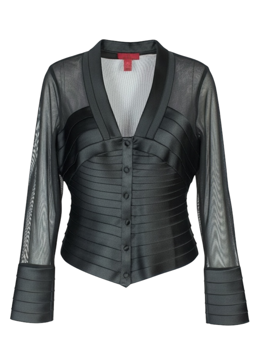 VTG Y2K JS Collections satin blouse with mesh sleeves