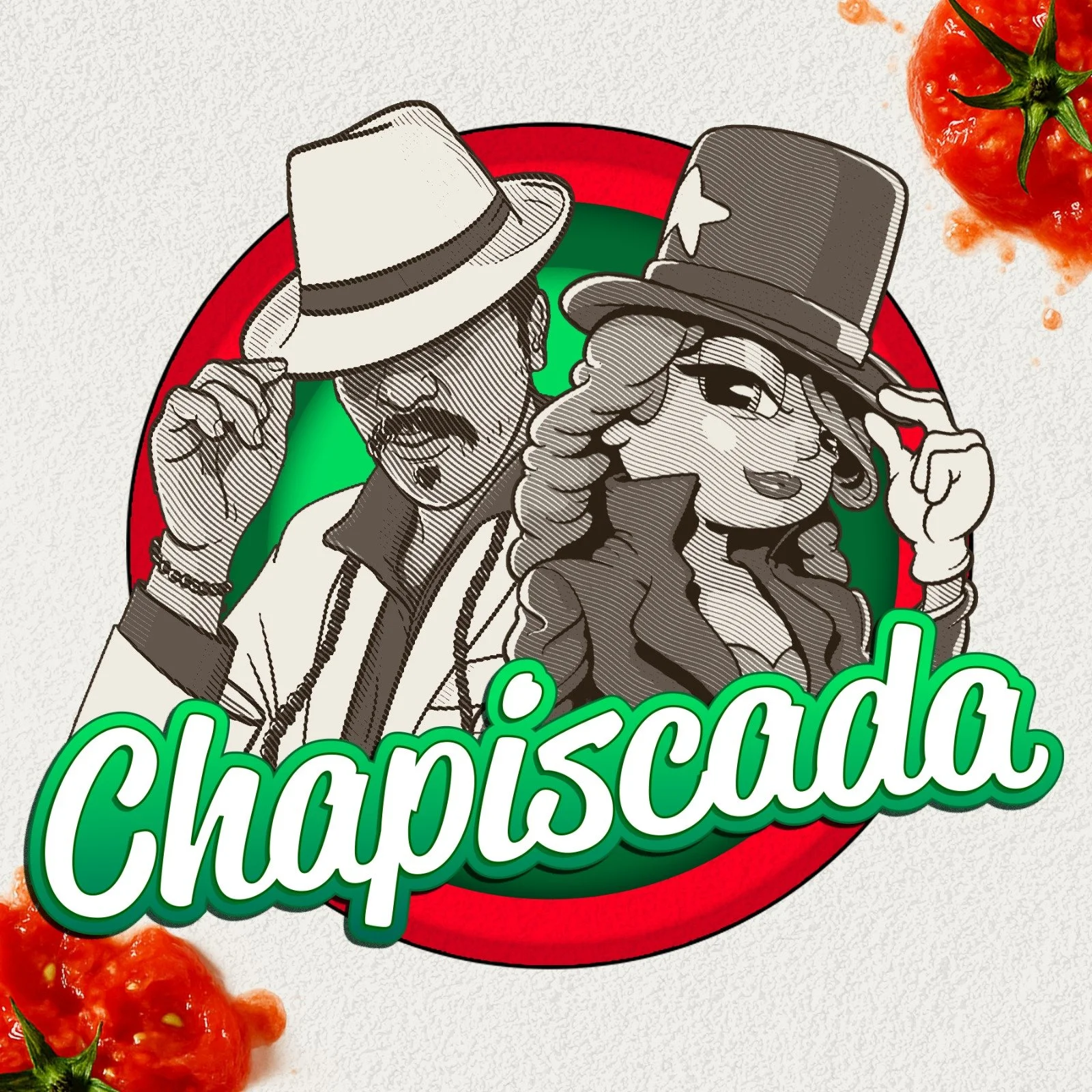Ilustração de dois personagens, um masculino e outro feminino, ambos com o rosto parcialmente encoberto pela aba dos chapéus que usam. Fundo verde, vermelho e branco, com alguns tomates amassados, remetendo a um arremesso. Capa de Chapiscada.