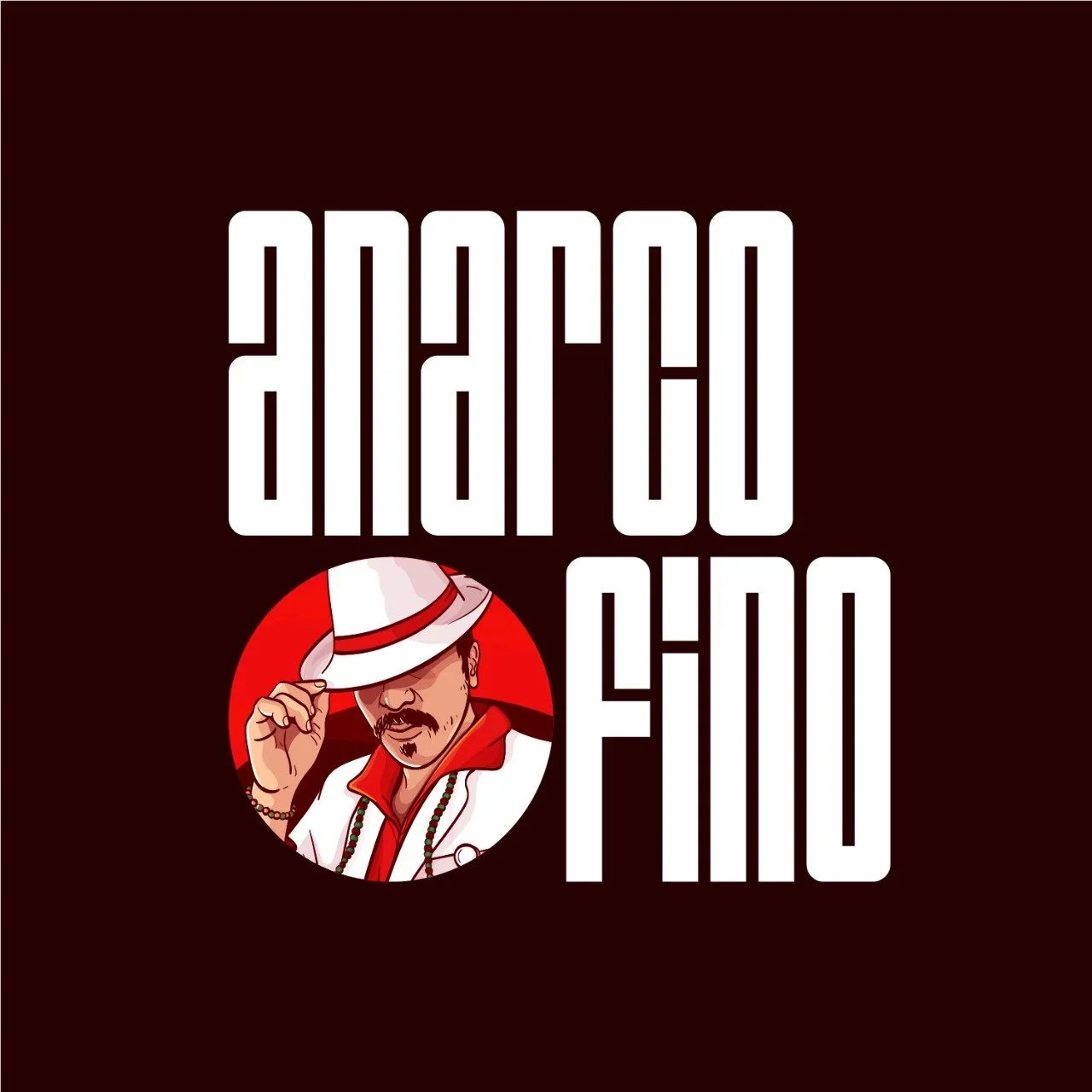 Capa de Café Amargo com ilustração de um homem de bigode vestindo terno branco, camisa vermelha e chapéu branco com fita vermelha, em referência à malandragem. Fundo vinho com "AnarcoFino" escrito em cor branca. Capa de Café Amargo.