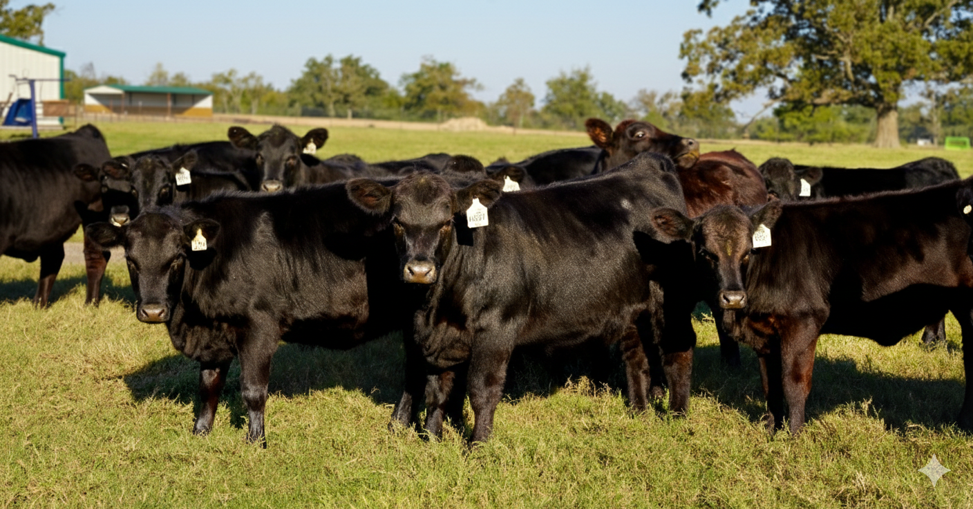A herd of black heifer cattle standing on green grass in a farm field with trees and farm buildings in the background.
