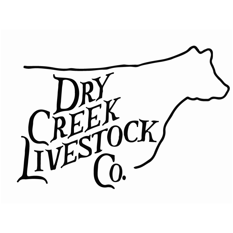Black and white logo of Dry Creek Livestock Co., with outline of a land shape.